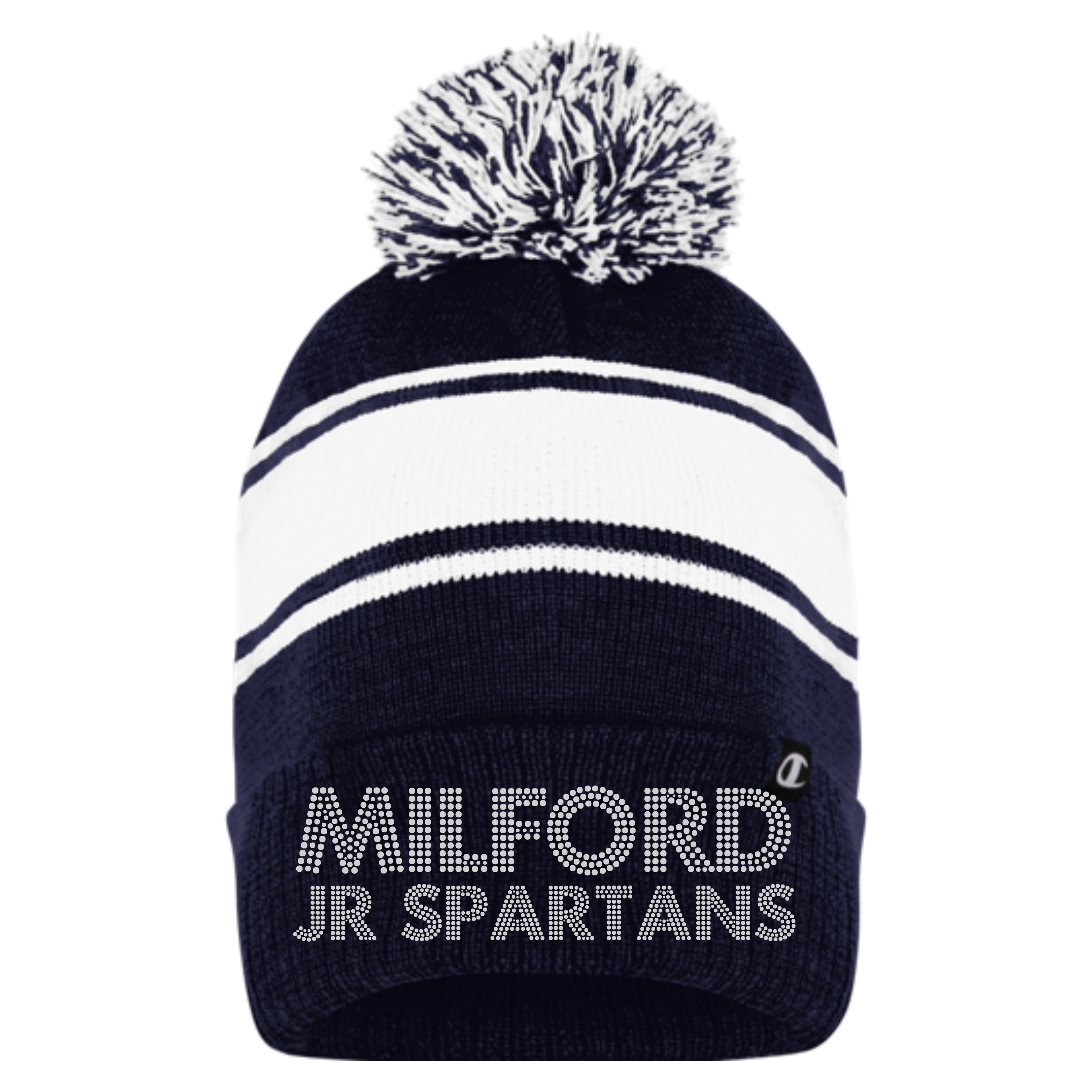 Jr Spartans Navy Champion Stripe Pom Beanie