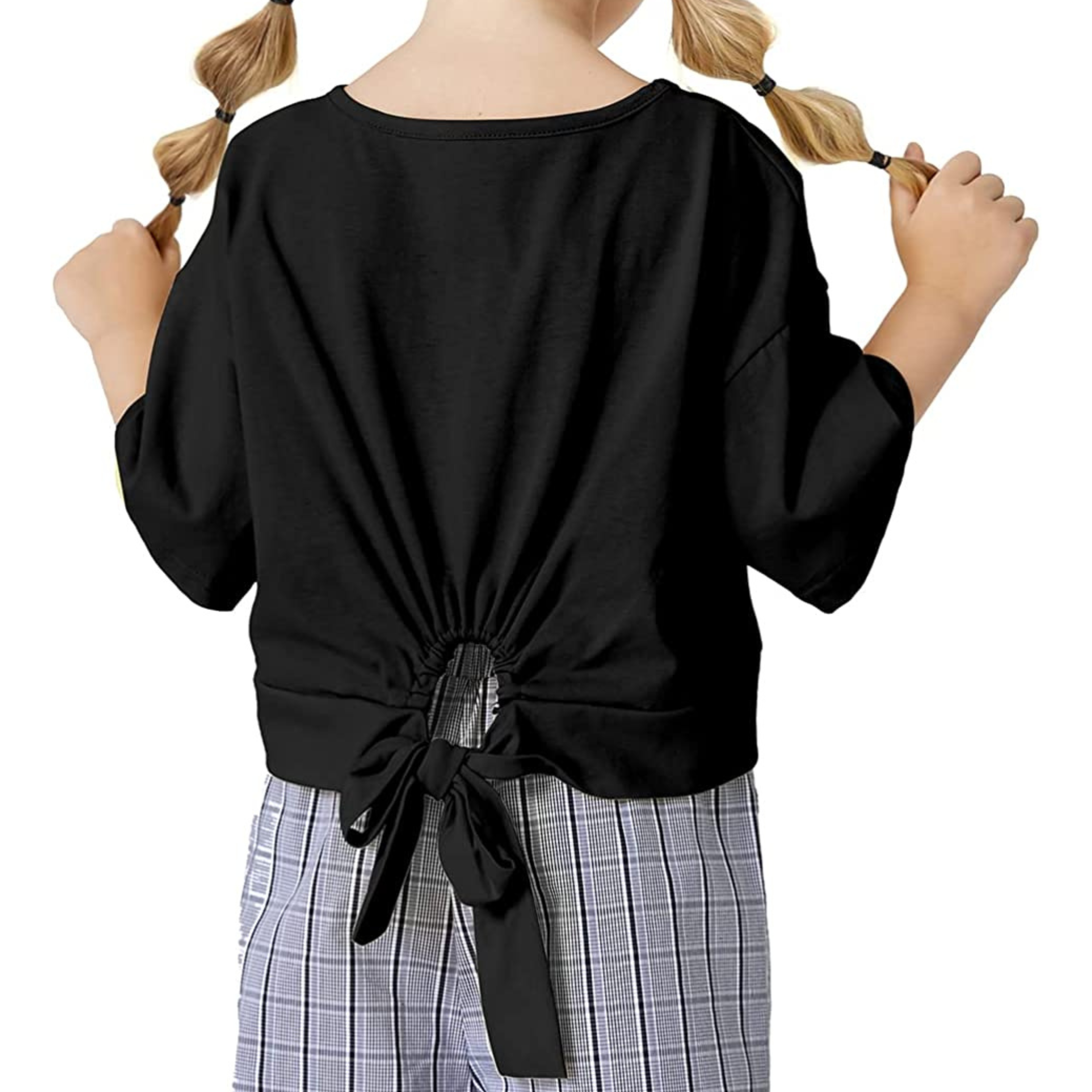 Youth Studio 19 Bling Girls Short Sleeve Bowknot Cropped Top with Tie Hem